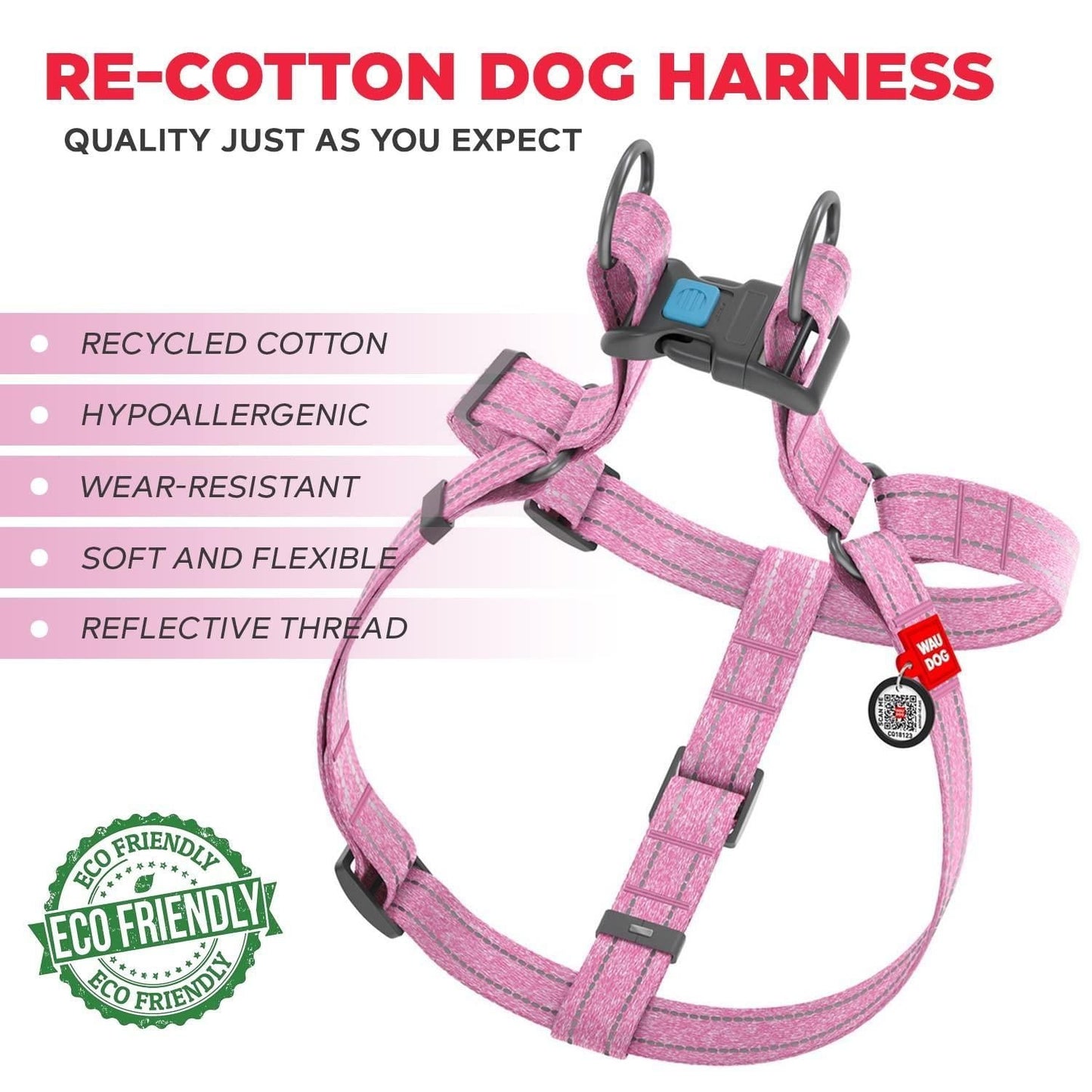 Re Cotton Dog Harness Eco Friendly for Small Dogs Medium Large Dogs Reflective Harness with Adjustable Size for Male Female Dogs M Size 23-32 inch Pink Color