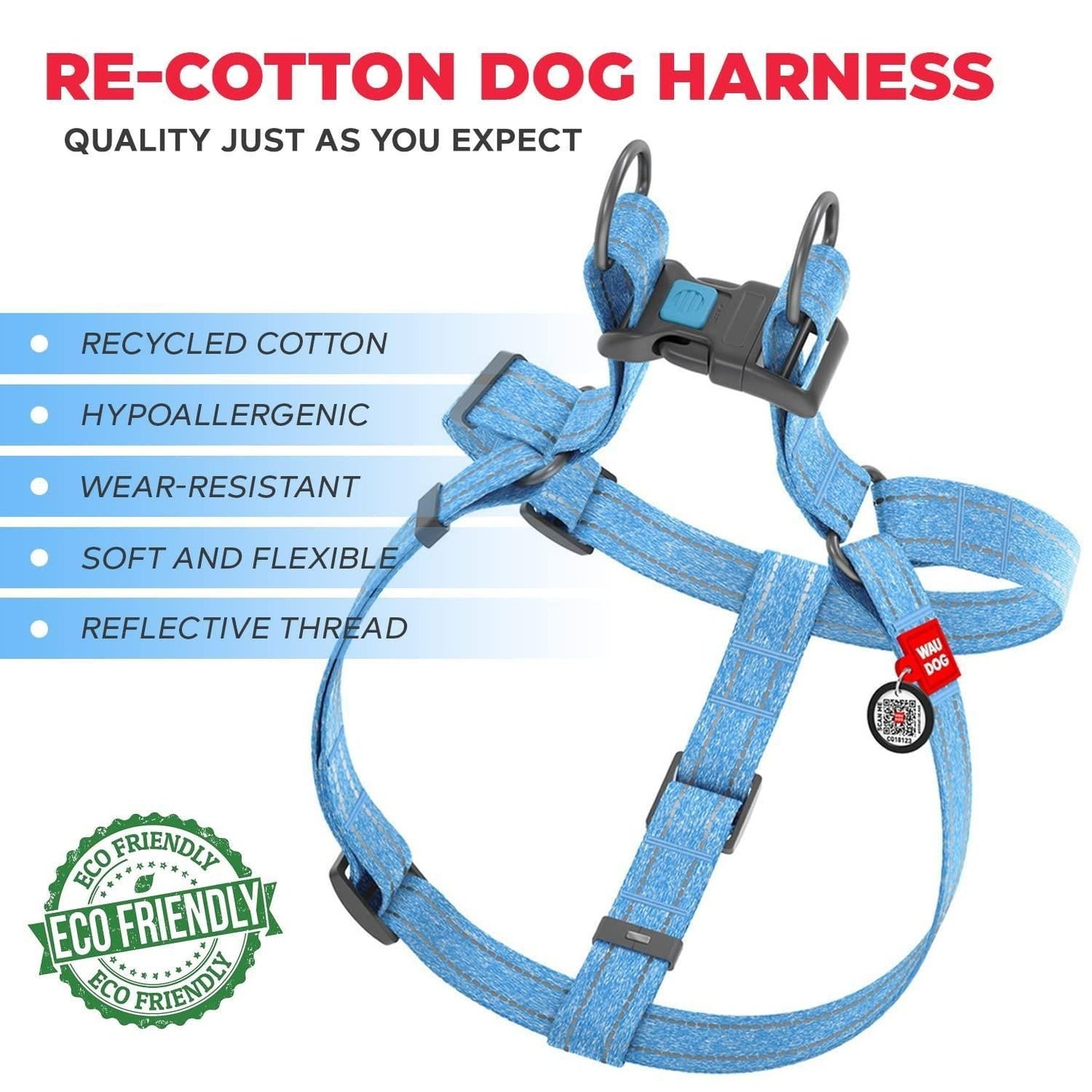 Re Cotton Dog Harness Eco Friendly Dog for Small Dogs Medium Large Dogs Reflective with Adjustable Size for Male Female Dogs M Size 23-32 inch Blue Color