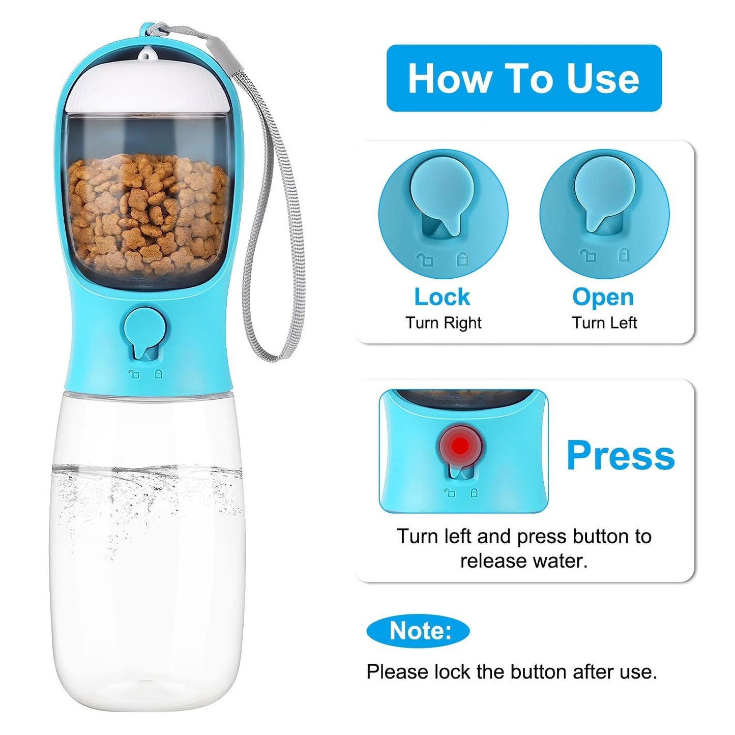 18.6OZ Portable Dog Water Bottle Pet Water Dispenser with Detachable Food Container Leak-Proof Lock Design for Dog Walking Traveling Hiking Outdoor Activities