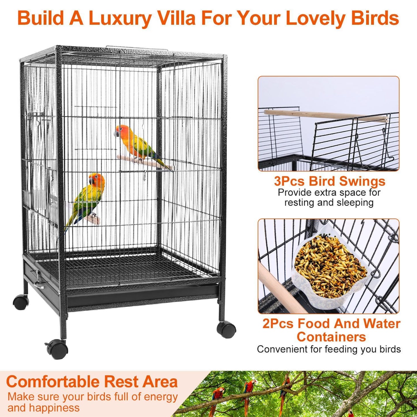 30.31In Height Bird Cage With Rolling Stand Bottom Tray Wrought Iron Wide Top Opening Large Bird Cage