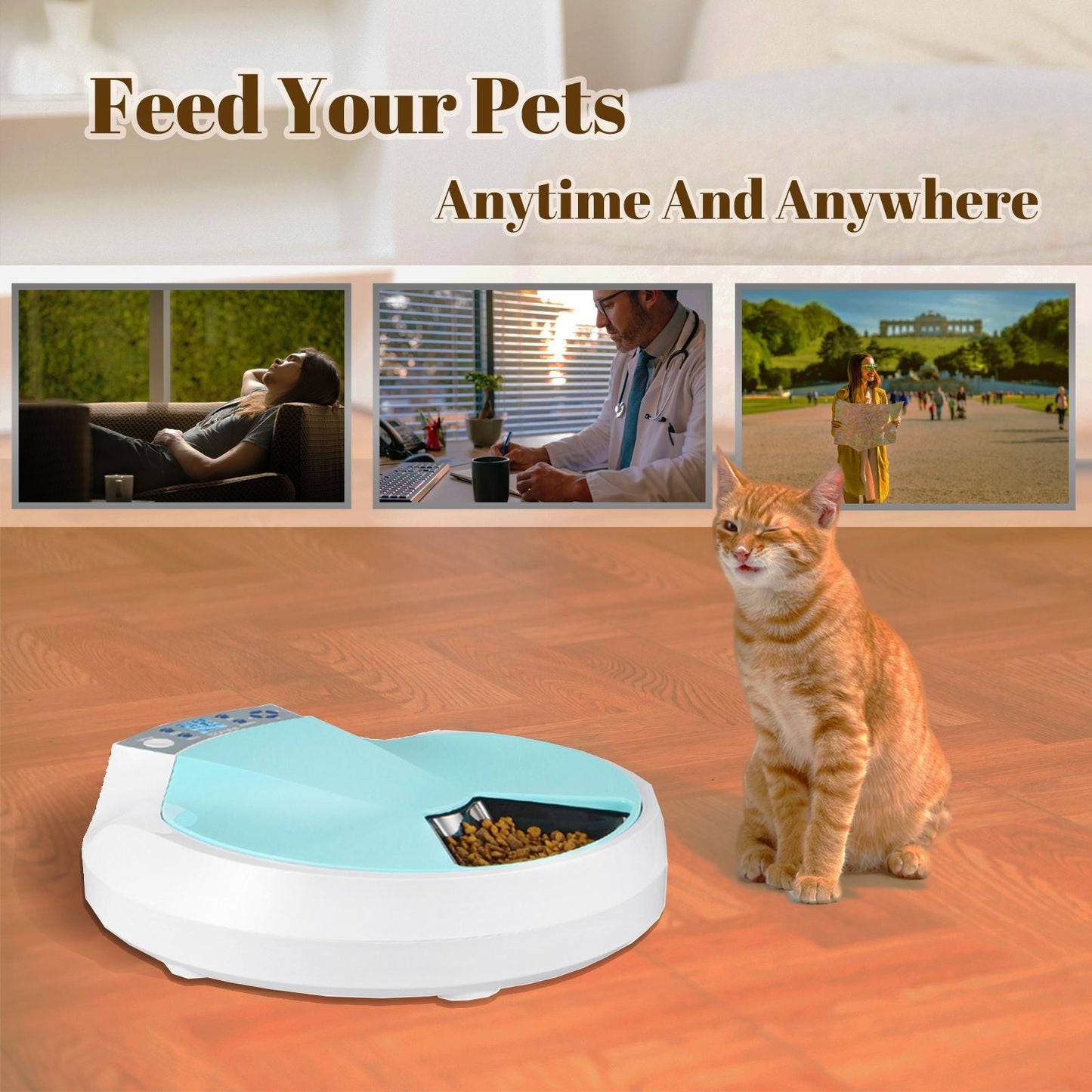 5-Meals Automatic Feeder Auto Pet Feeder 5x270ml Dry and Wet Food Dispenser Cat and Dog Food Dispenser Programmable Timer Portion Control with Voice Recorder Dual Power Supply