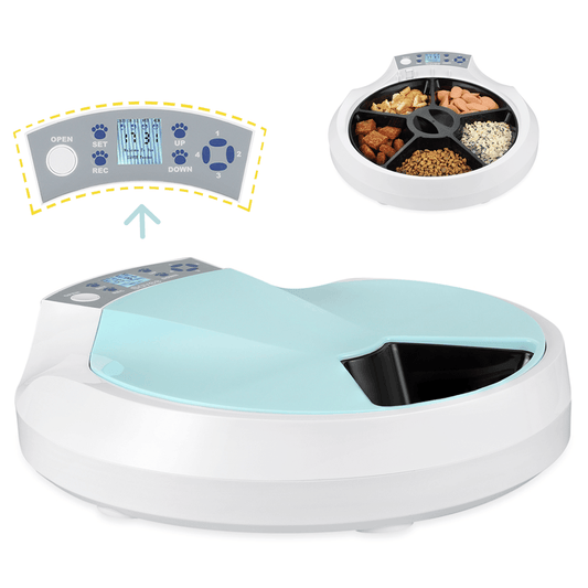 5-Meals Automatic Feeder Auto Pet Feeder 5x270ml Dry and Wet Food Dispenser Cat and Dog Food Dispenser Programmable Timer Portion Control with Voice Recorder Dual Power Supply