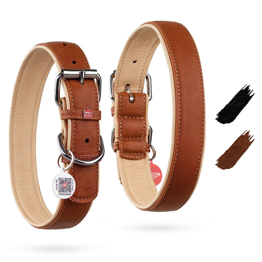 Soft Leather Dog Collar Adjustable Padded Dog Collar for Small Medium and Large Dogs with Durable Buckle and QR Dog Tag Brown Color 15-20 inch Neck x 1 inch Wide
