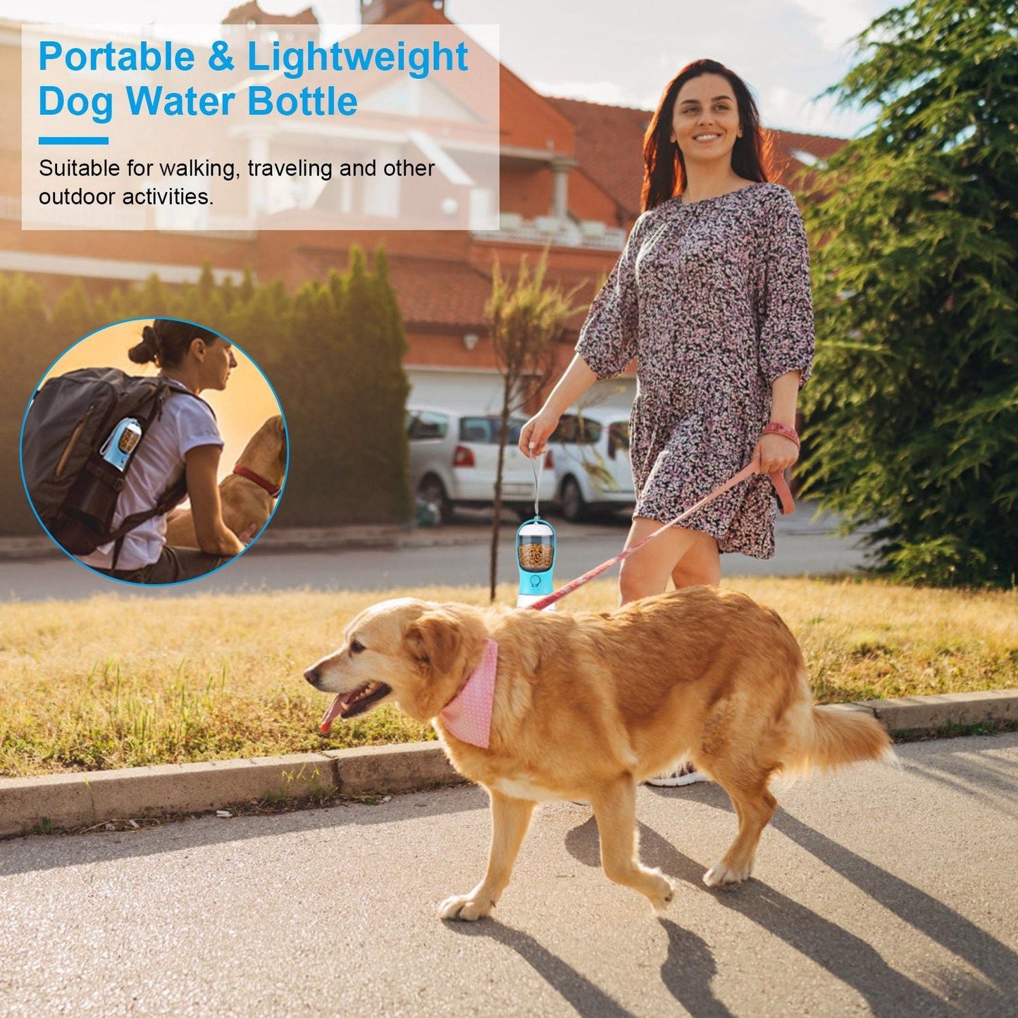 18.6OZ Portable Dog Water Bottle Pet Water Dispenser with Detachable Food Container Leak-Proof Lock Design for Dog Walking Traveling Hiking Outdoor Activities