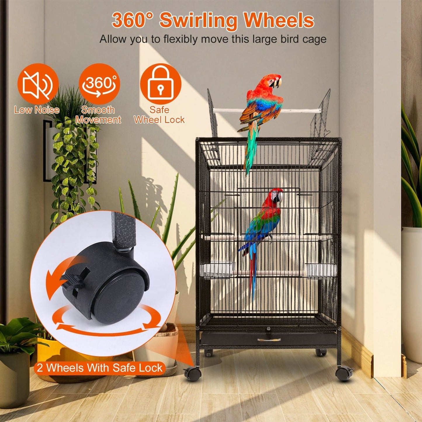 30.31In Height Bird Cage With Rolling Stand Bottom Tray Wrought Iron Wide Top Opening Large Bird Cage