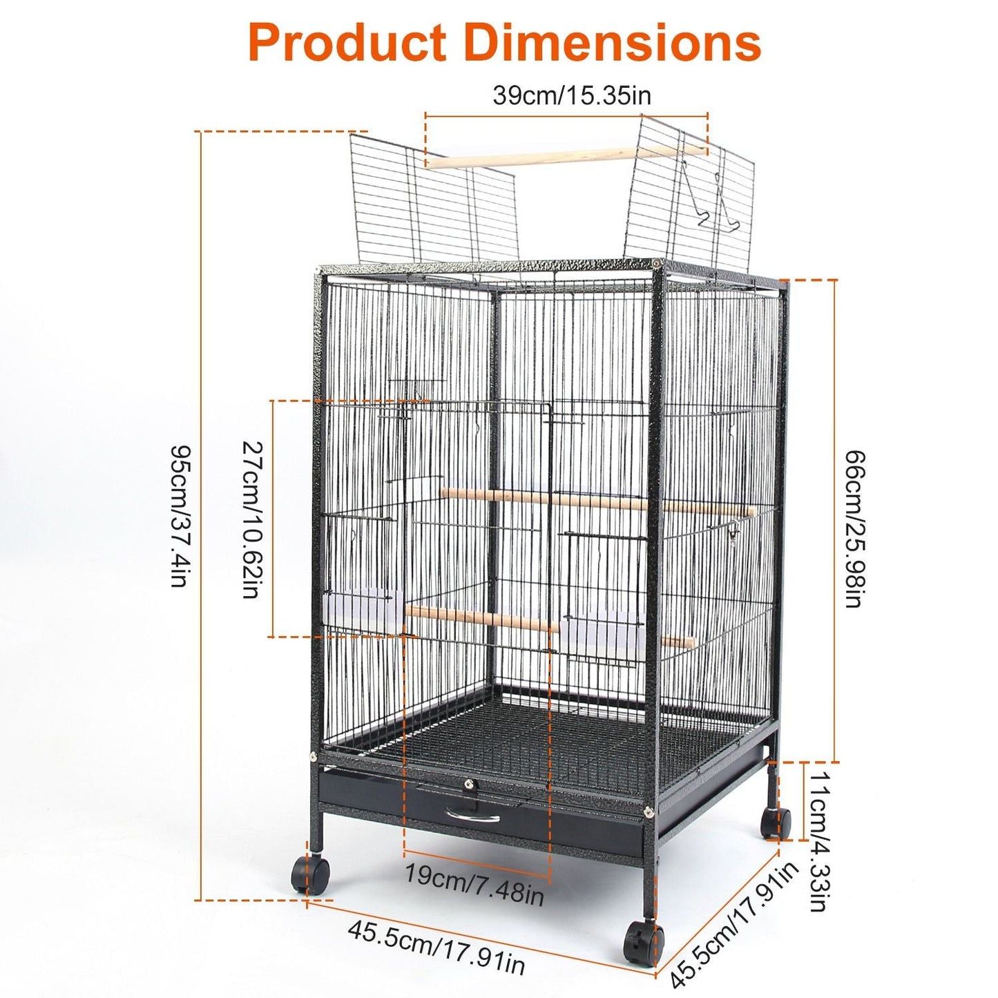 30.31In Height Bird Cage With Rolling Stand Bottom Tray Wrought Iron Wide Top Opening Large Bird Cage