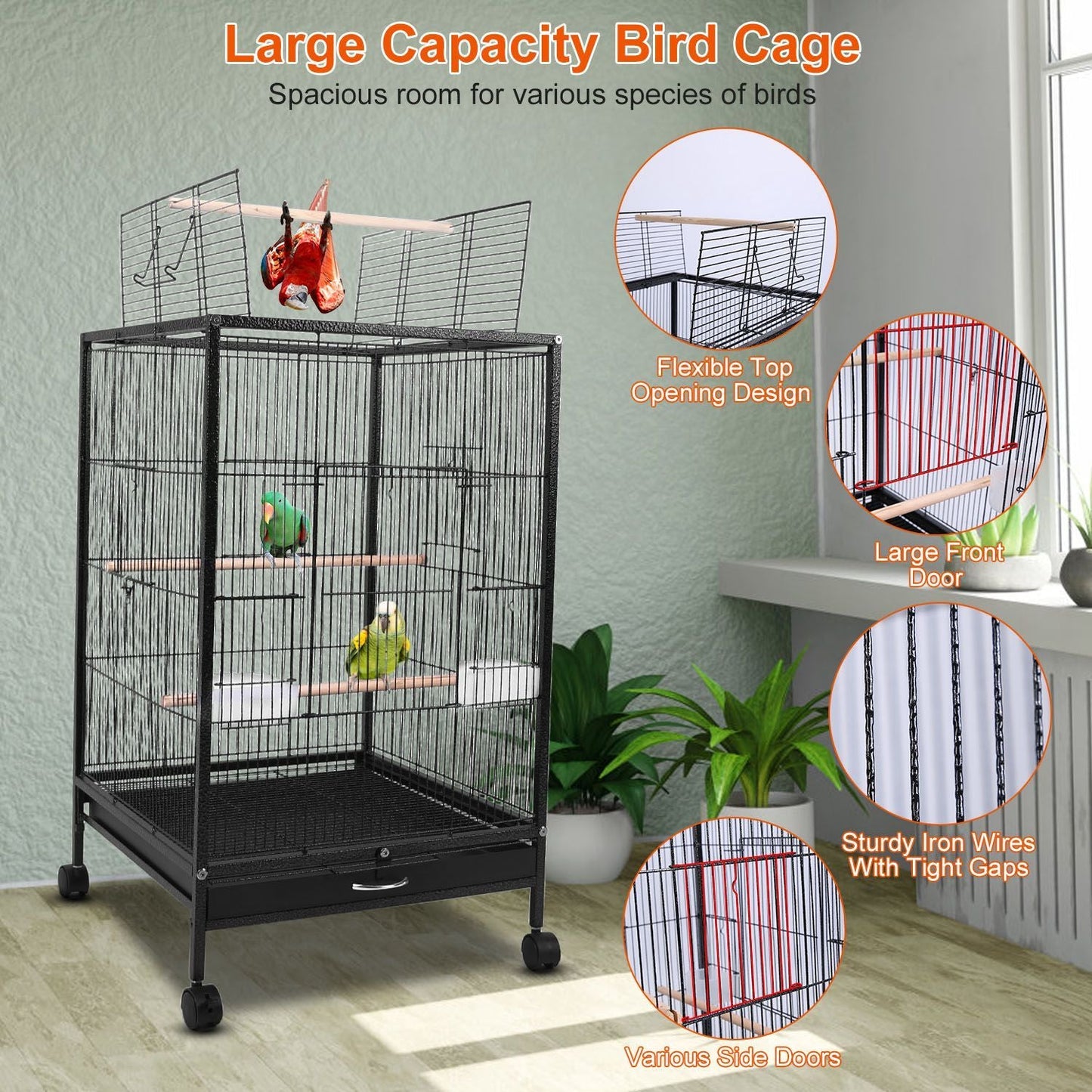 30.31In Height Bird Cage With Rolling Stand Bottom Tray Wrought Iron Wide Top Opening Large Bird Cage