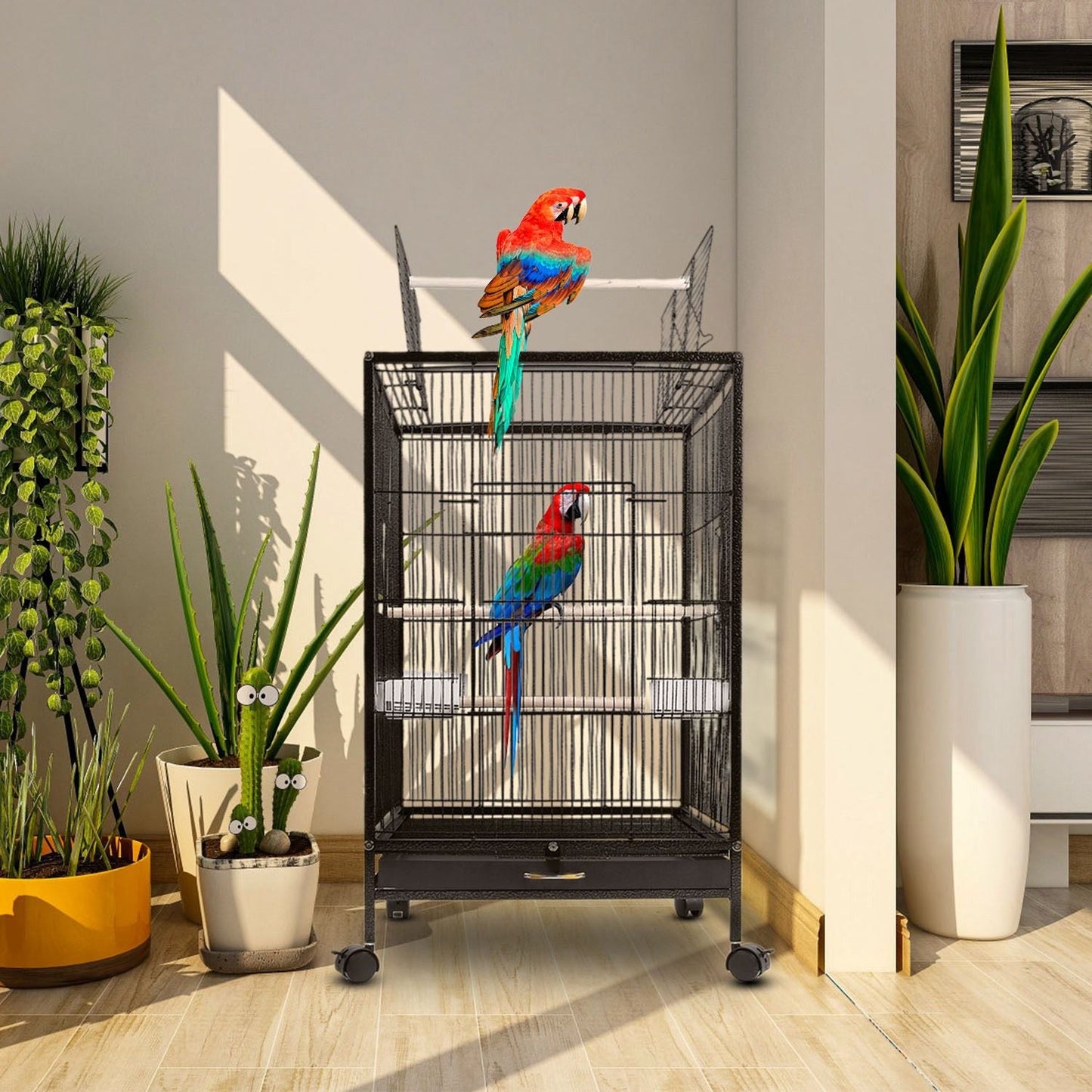 30.31In Height Bird Cage With Rolling Stand Bottom Tray Wrought Iron Wide Top Opening Large Bird Cage