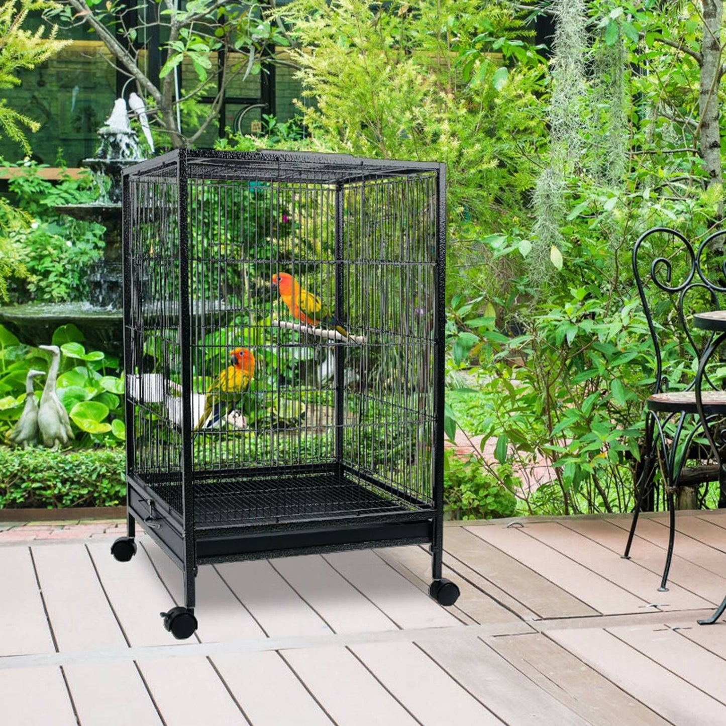 30.31In Height Bird Cage With Rolling Stand Bottom Tray Wrought Iron Wide Top Opening Large Bird Cage