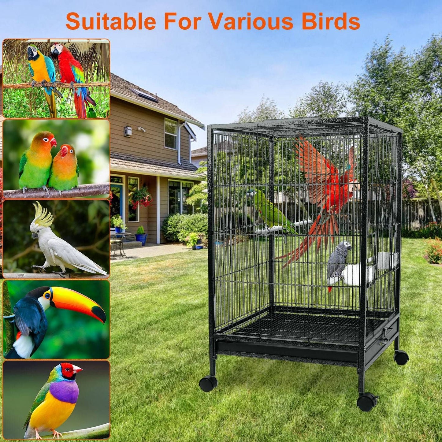30.31In Height Bird Cage With Rolling Stand Bottom Tray Wrought Iron Wide Top Opening Large Bird Cage