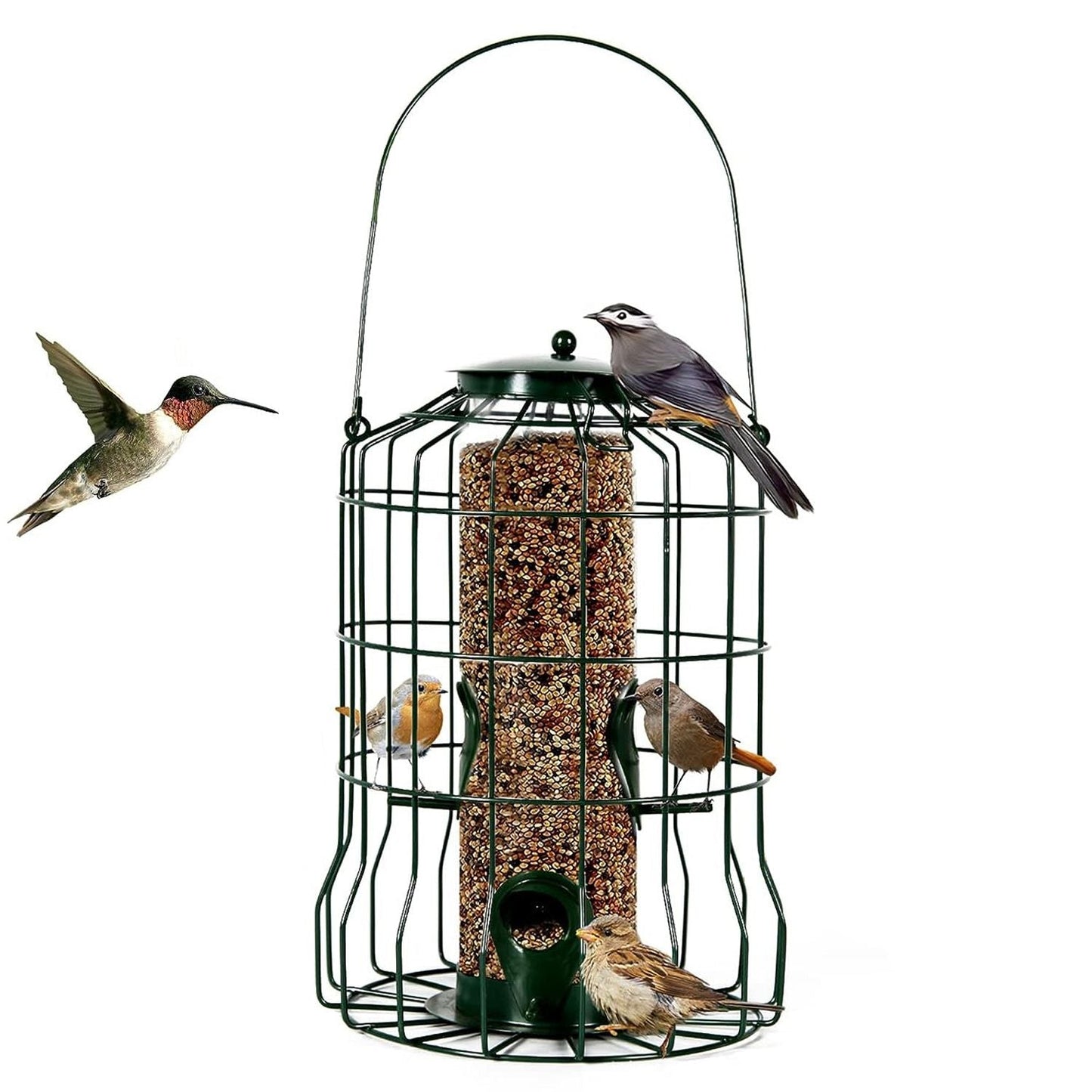 Outdoor Wild Bird Feeder Squirrel-Proof Chew-Proof Metal Hanging Seed Feeder with 4 Feeding Ports for Small Songbirds