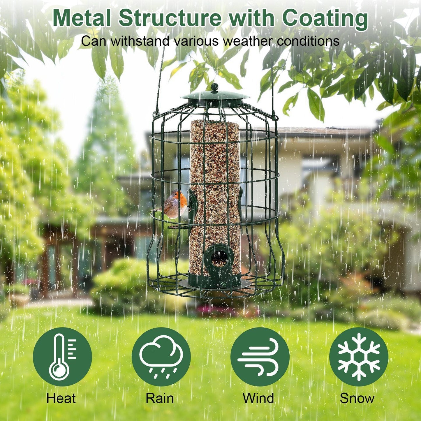 Outdoor Wild Bird Feeder Squirrel-Proof Chew-Proof Metal Hanging Seed Feeder with 4 Feeding Ports for Small Songbirds